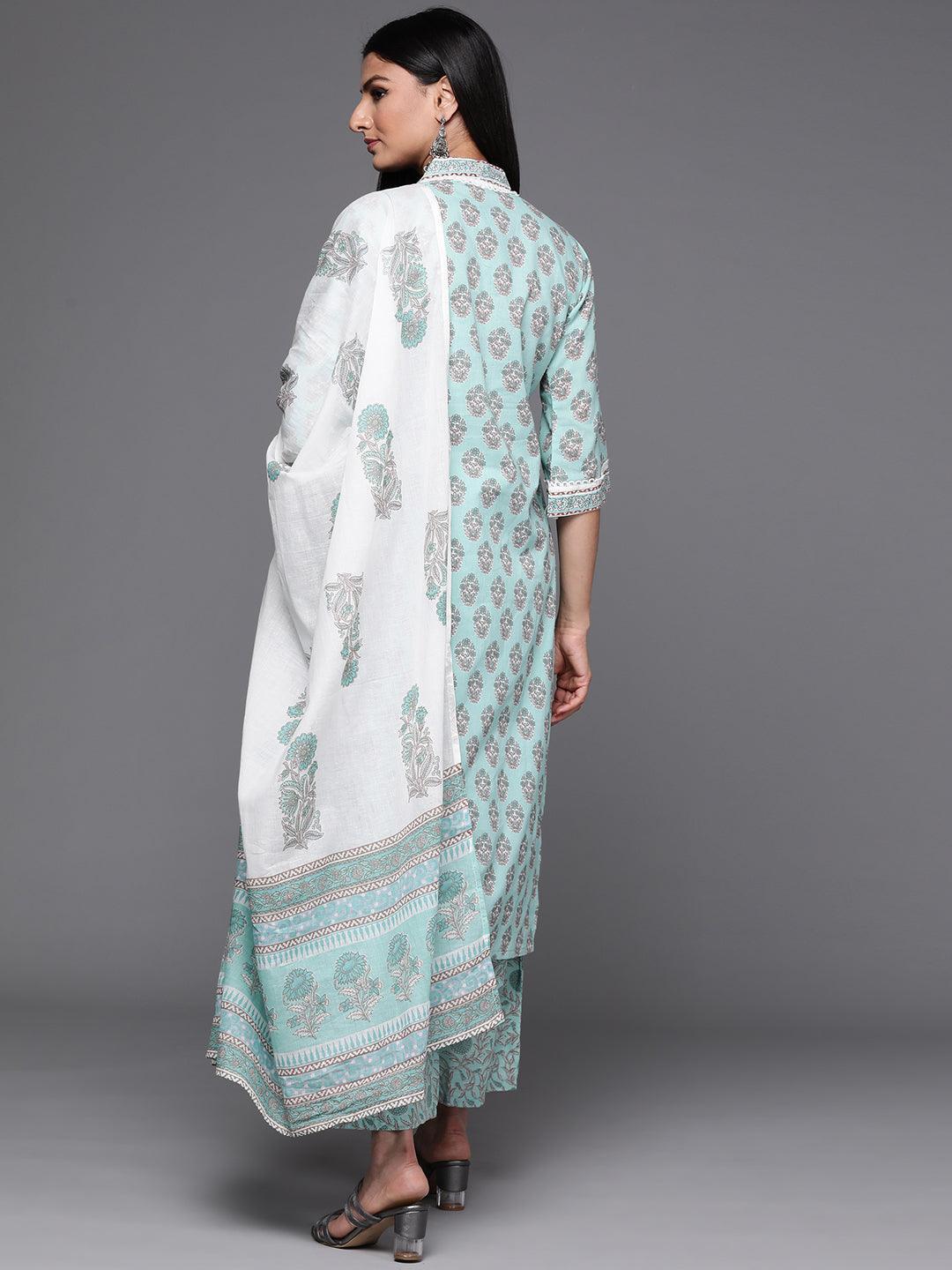 Sea Green Printed Cotton Suit Set