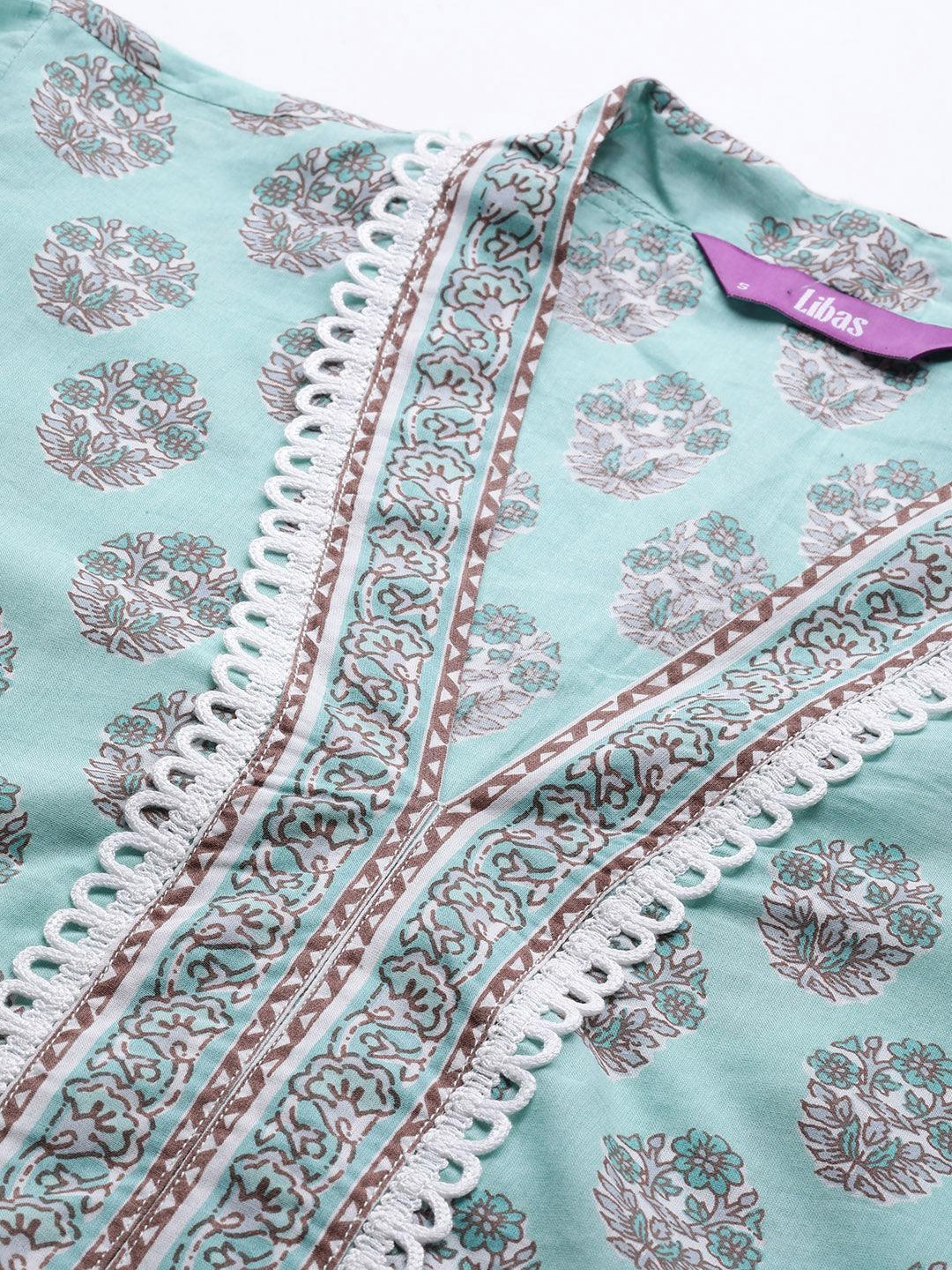 Sea Green Printed Cotton Suit Set