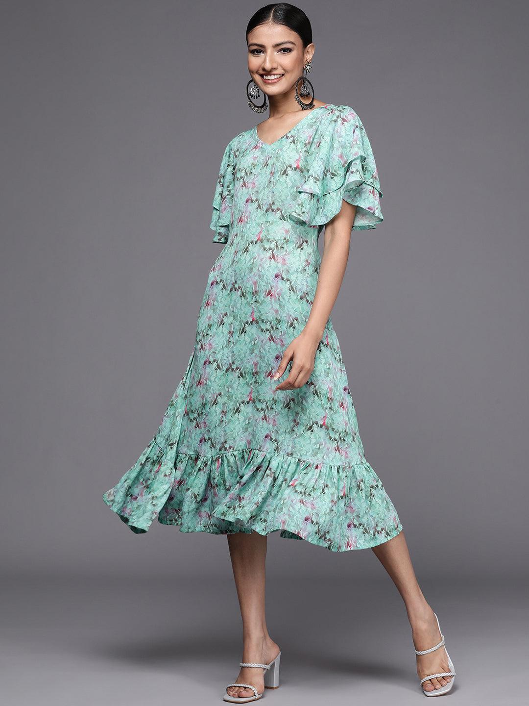 Sea Green Printed Georgette Flared Dress