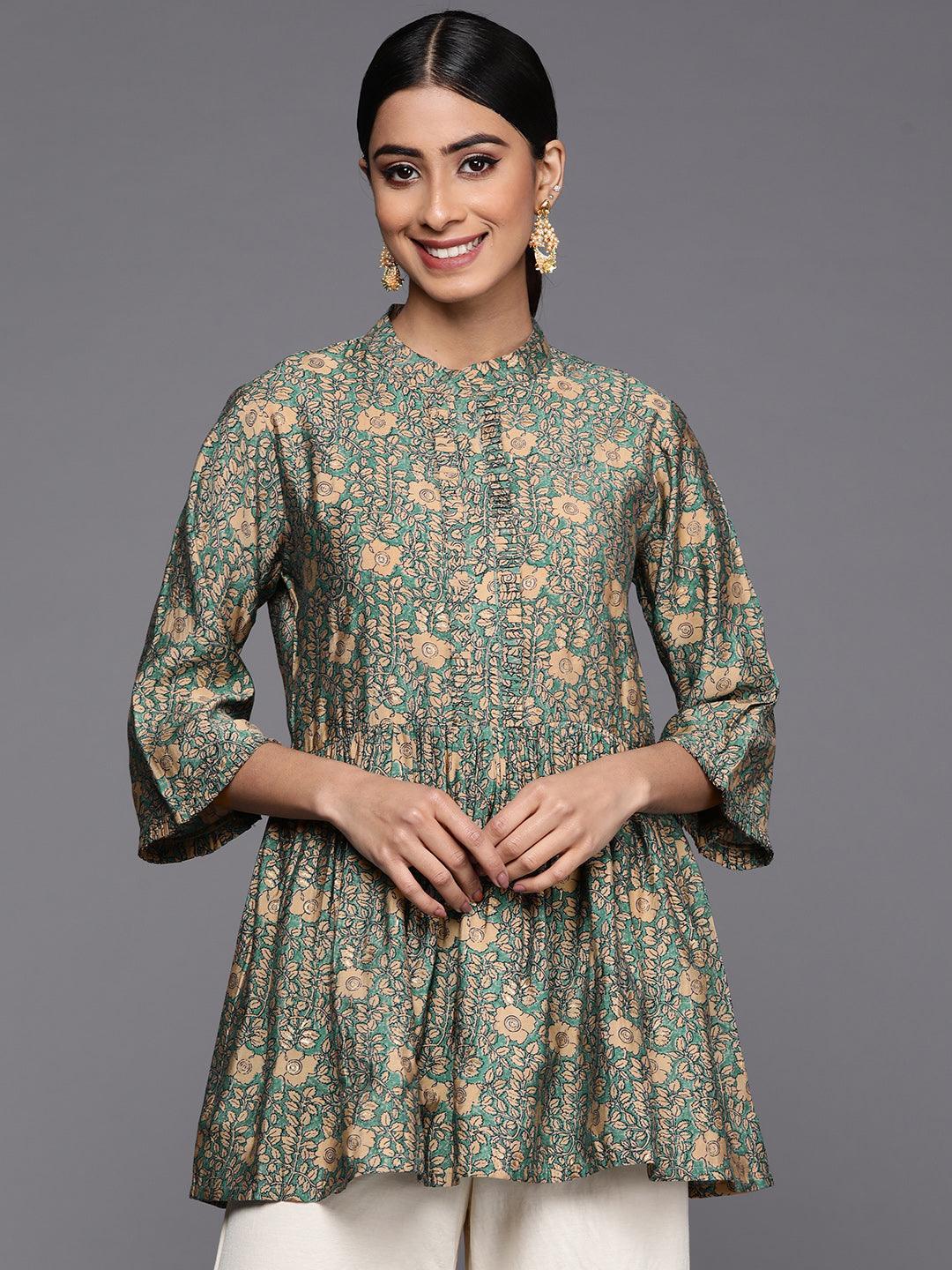 Sea Green Printed Silk Blend A-Line Kurti - ShopLibas