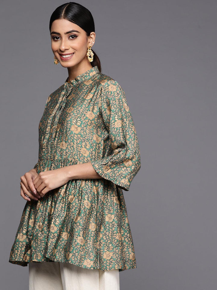 Sea Green Printed Silk Blend A-Line Kurti - ShopLibas