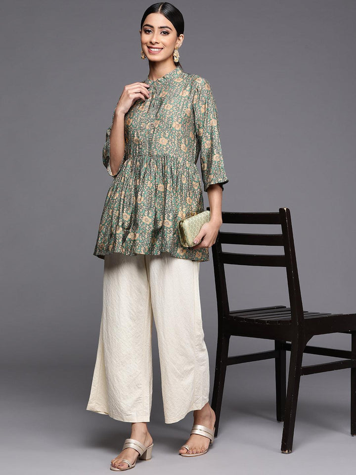 Sea Green Printed Silk Blend A-Line Kurti - ShopLibas