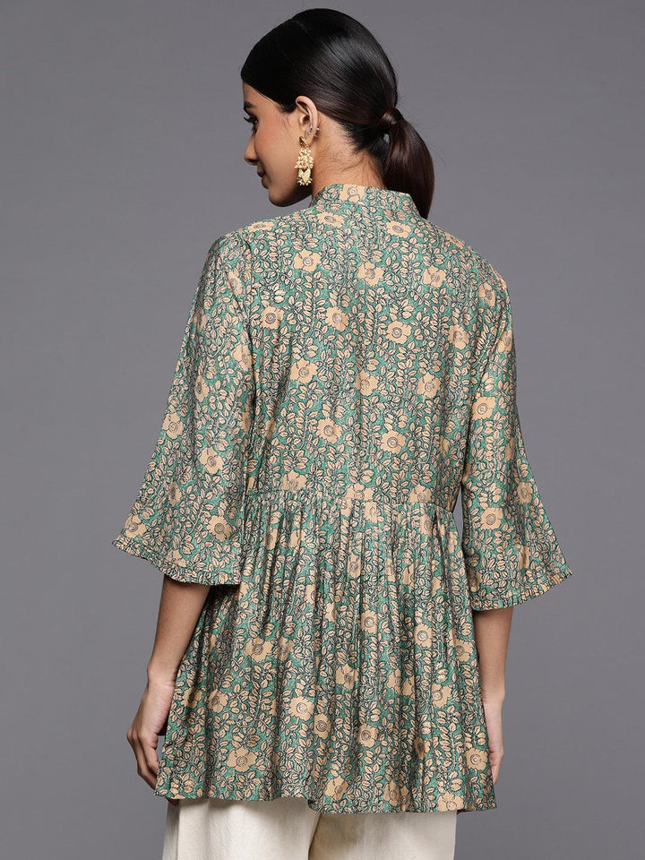 Sea Green Printed Silk Blend A-Line Kurti - ShopLibas