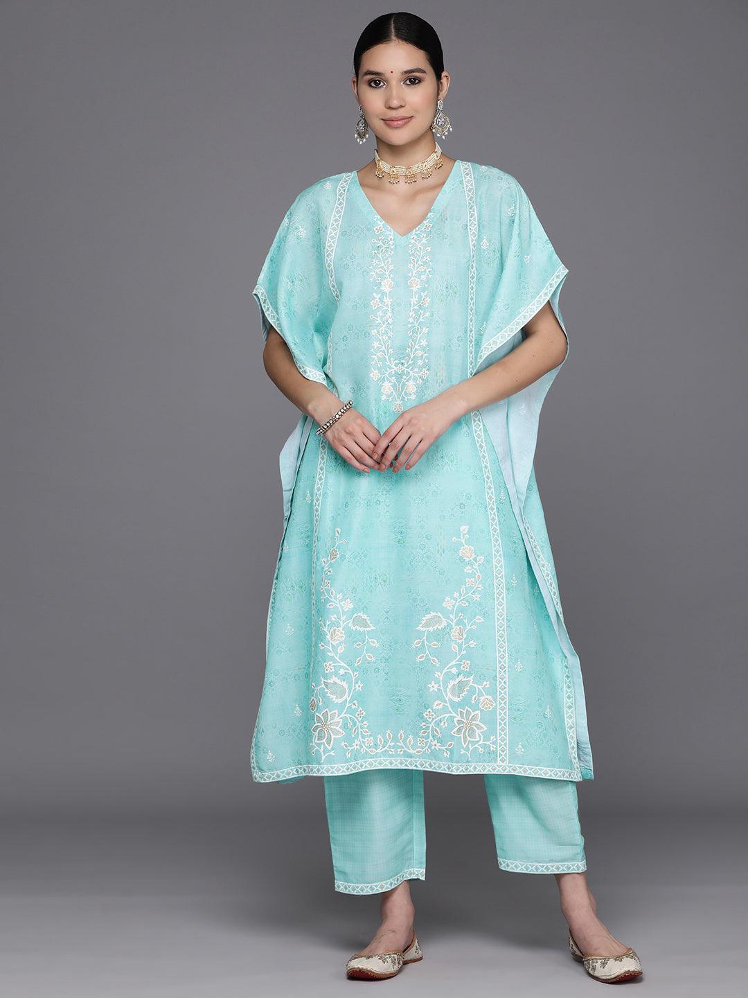 Sea Green Printed Silk Blend Kaftan Kaftan With Trousers