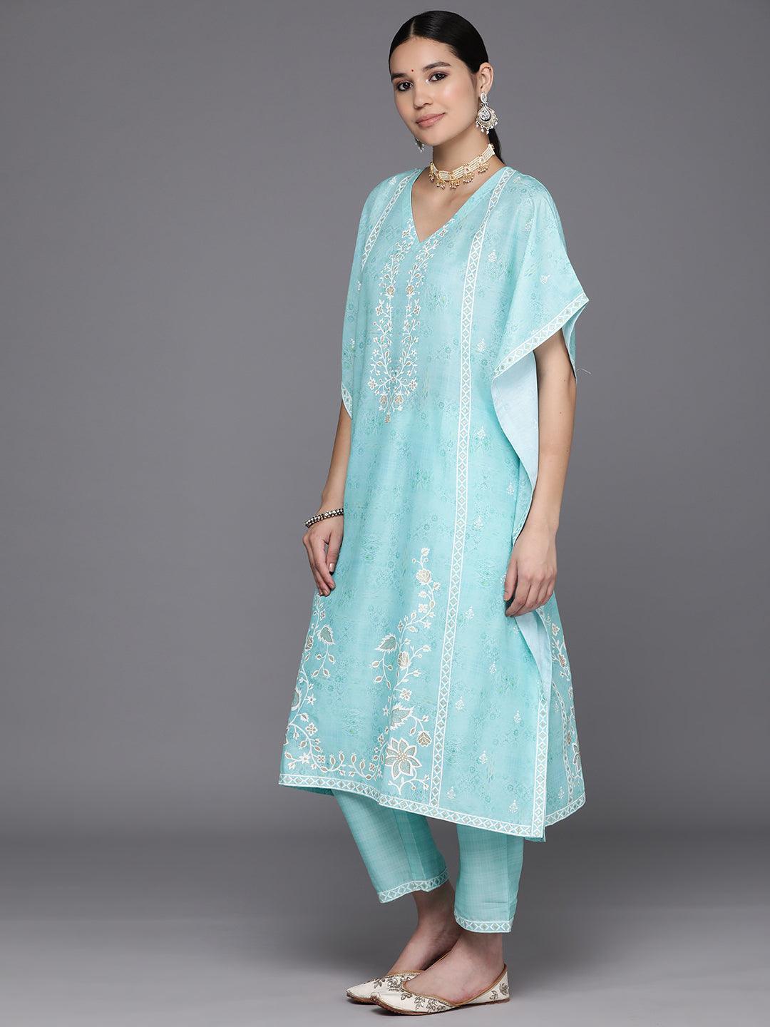 Sea Green Printed Silk Blend Kaftan Kaftan With Trousers