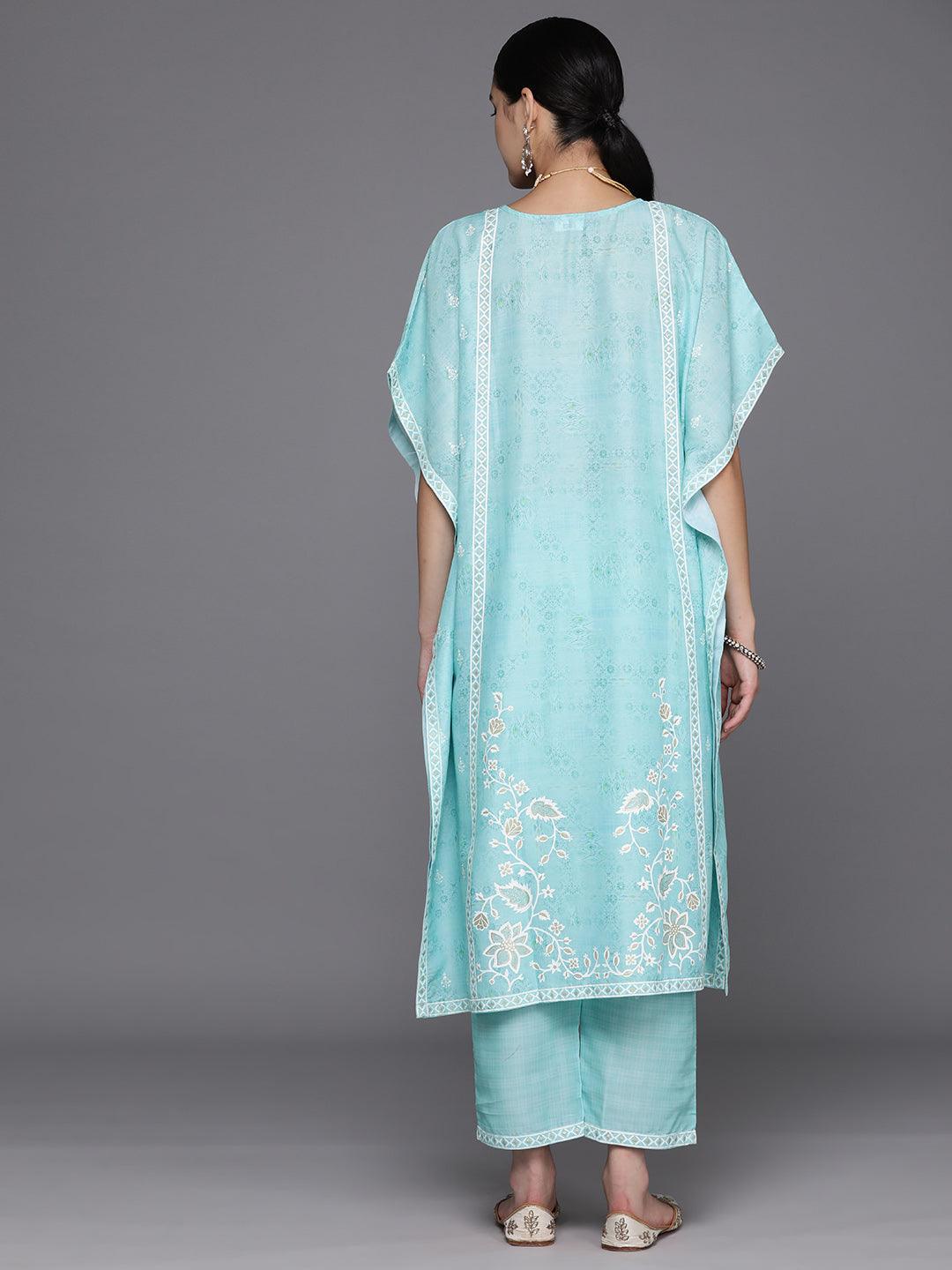 Sea Green Printed Silk Blend Kaftan Kaftan With Trousers