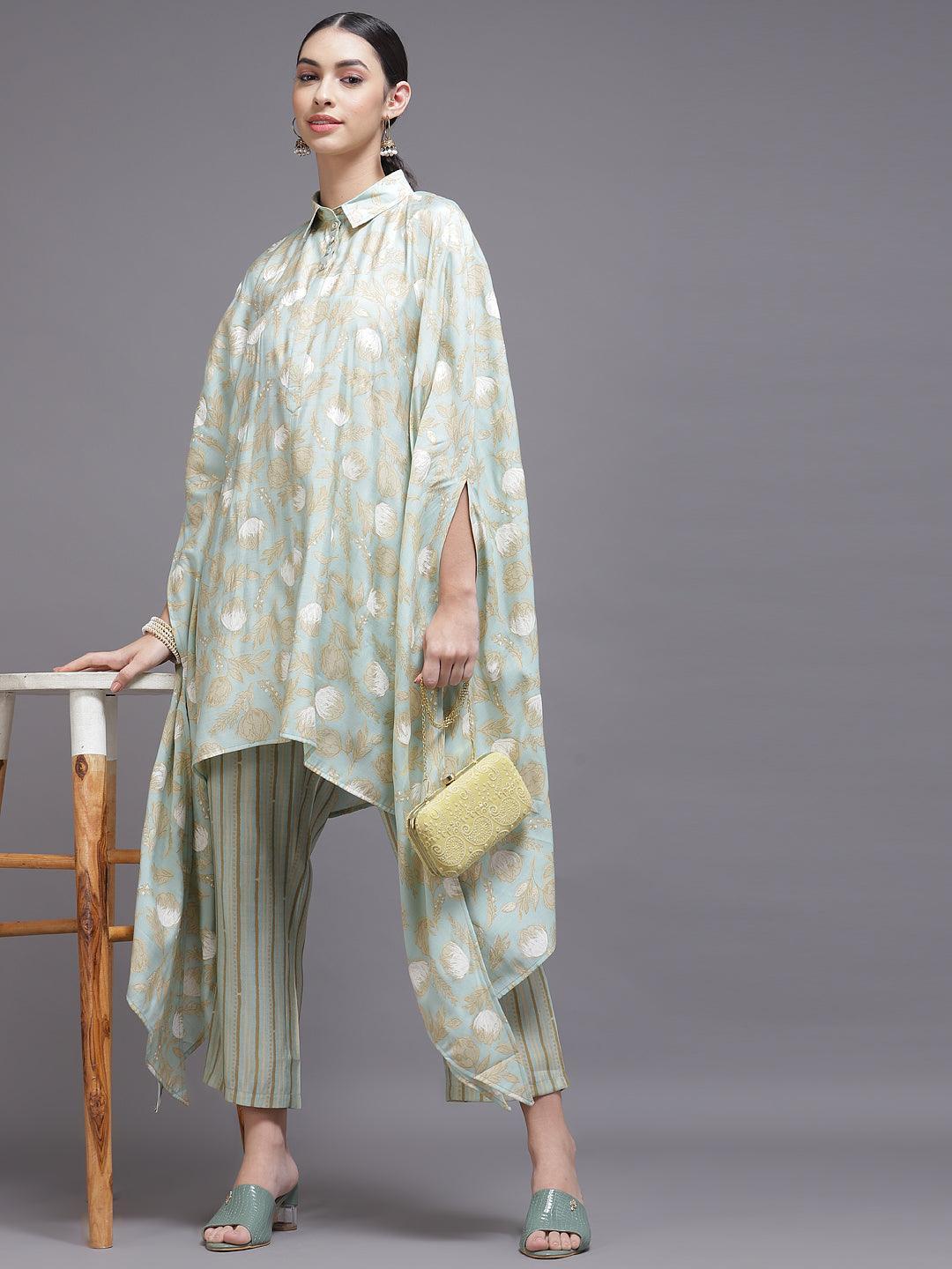 Sea Green Printed Silk Blend Kurta Set