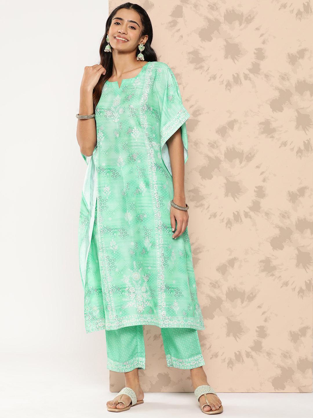 Sea Green Printed Silk Blend Kaftan Kurta With Trousers