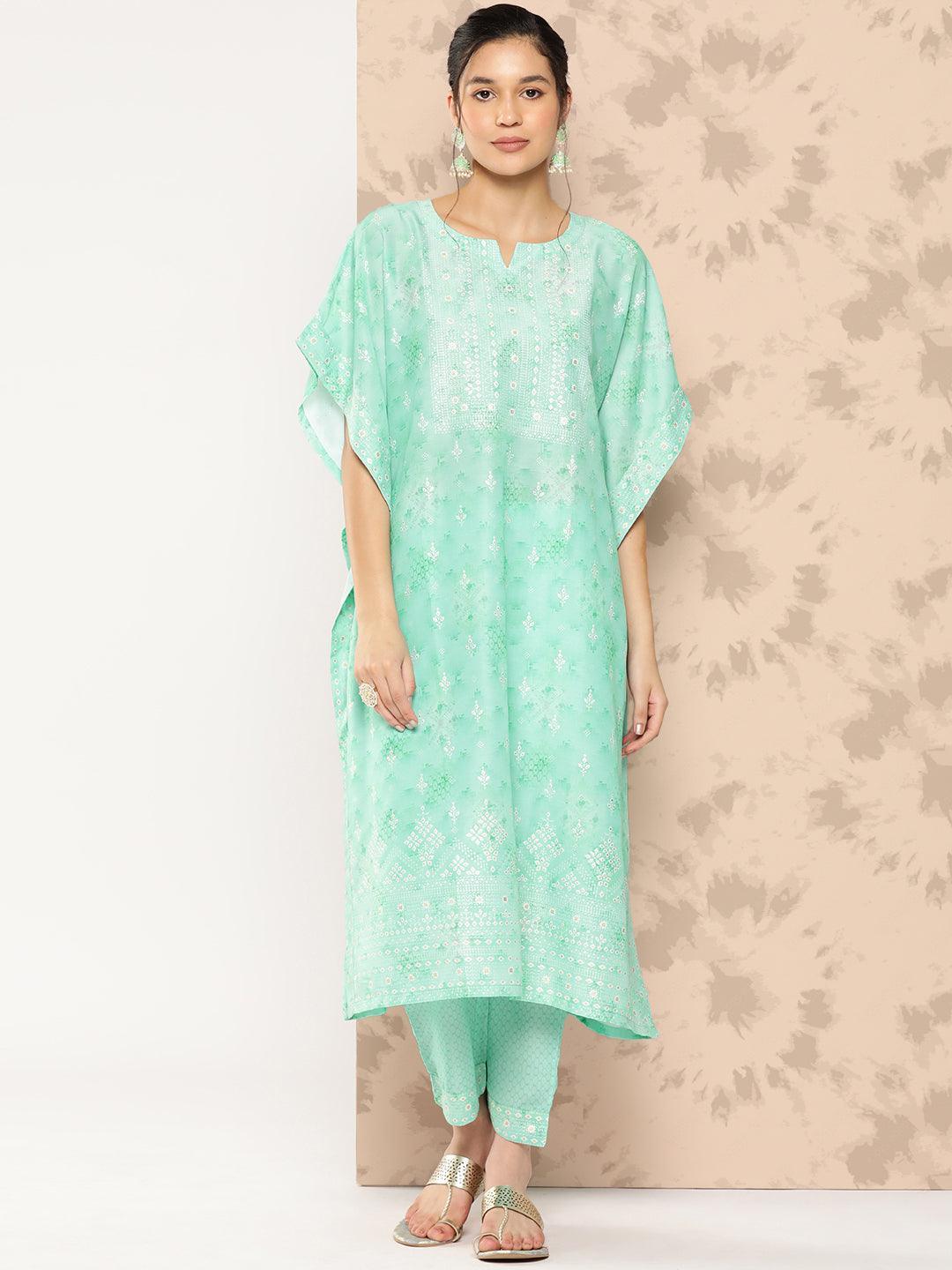 Sea Green Printed Silk Blend Kaftan Kurta With Trousers