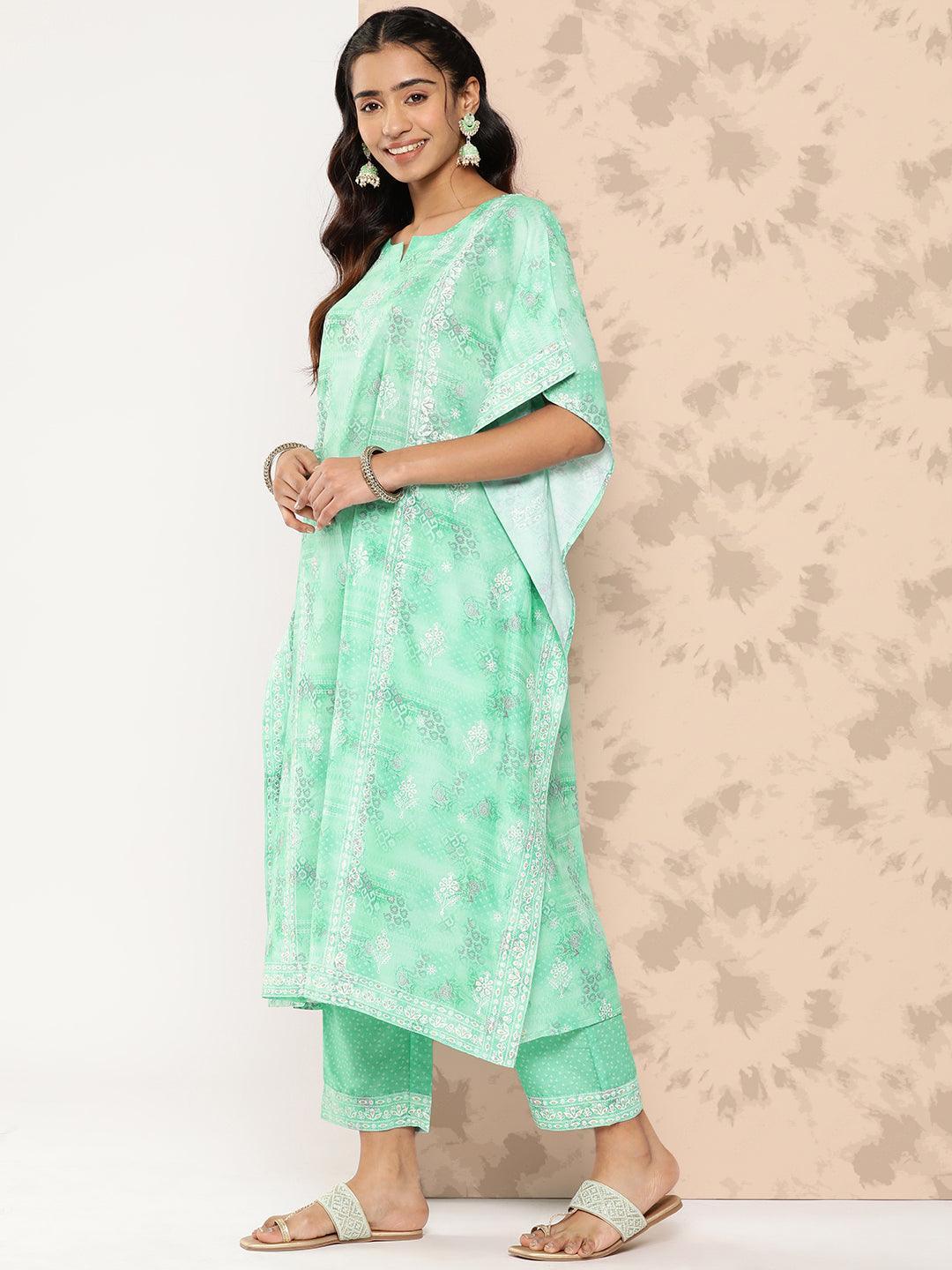 Sea Green Printed Silk Blend Kaftan Kurta With Trousers