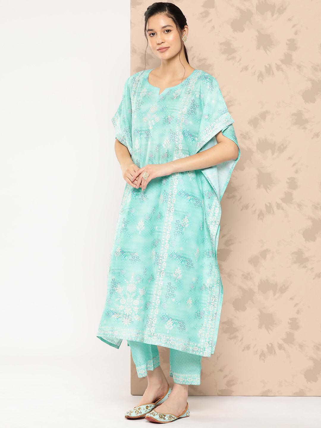 Sea Green Printed Silk Blend Kaftan Kurta With Trousers