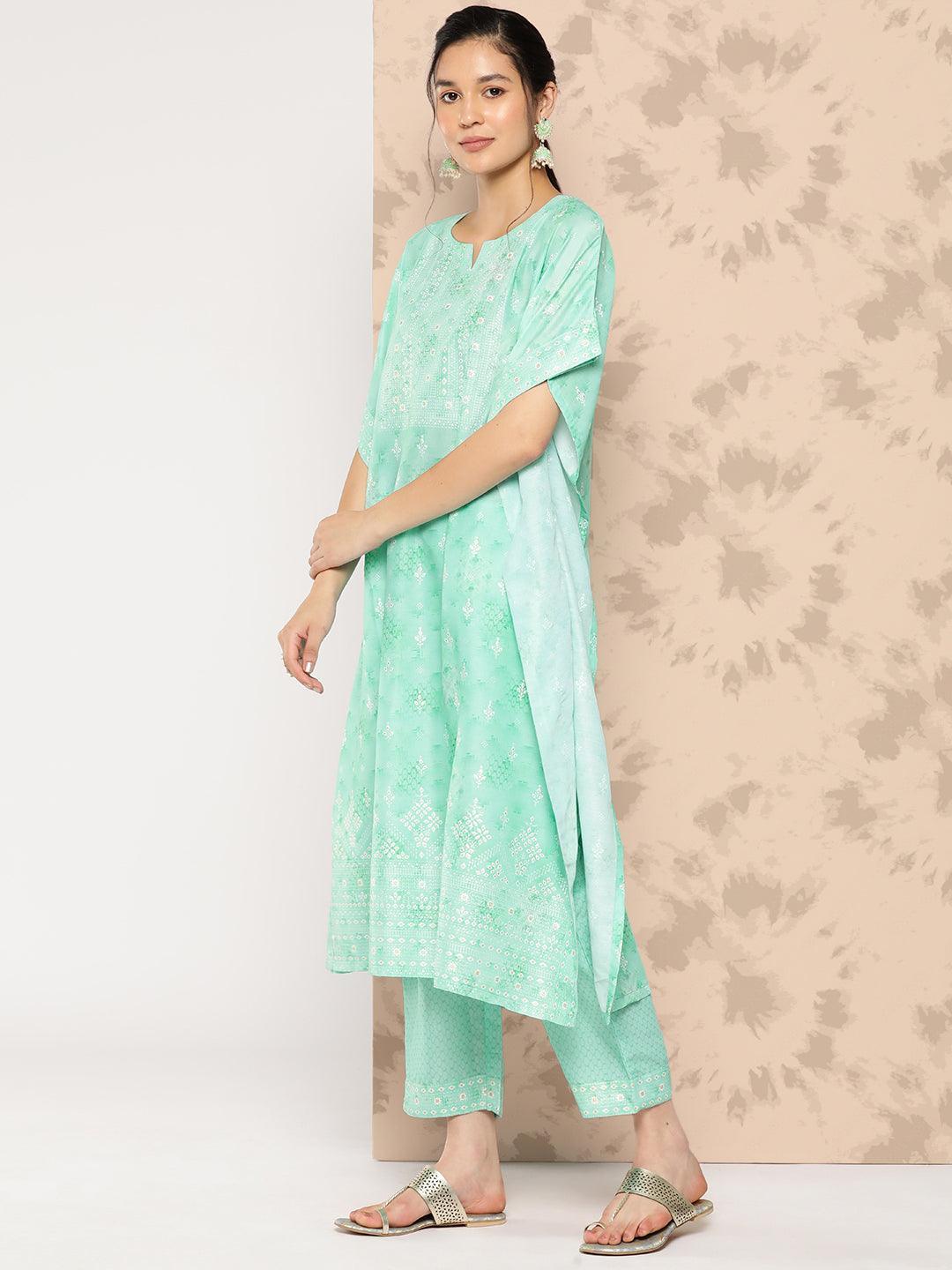 Sea Green Printed Silk Blend Kaftan Kurta With Trousers