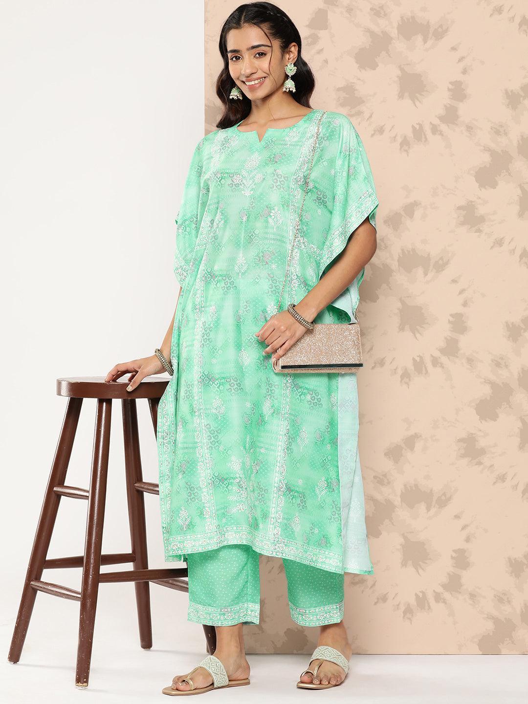 Sea Green Printed Silk Blend Kaftan Kurta With Trousers