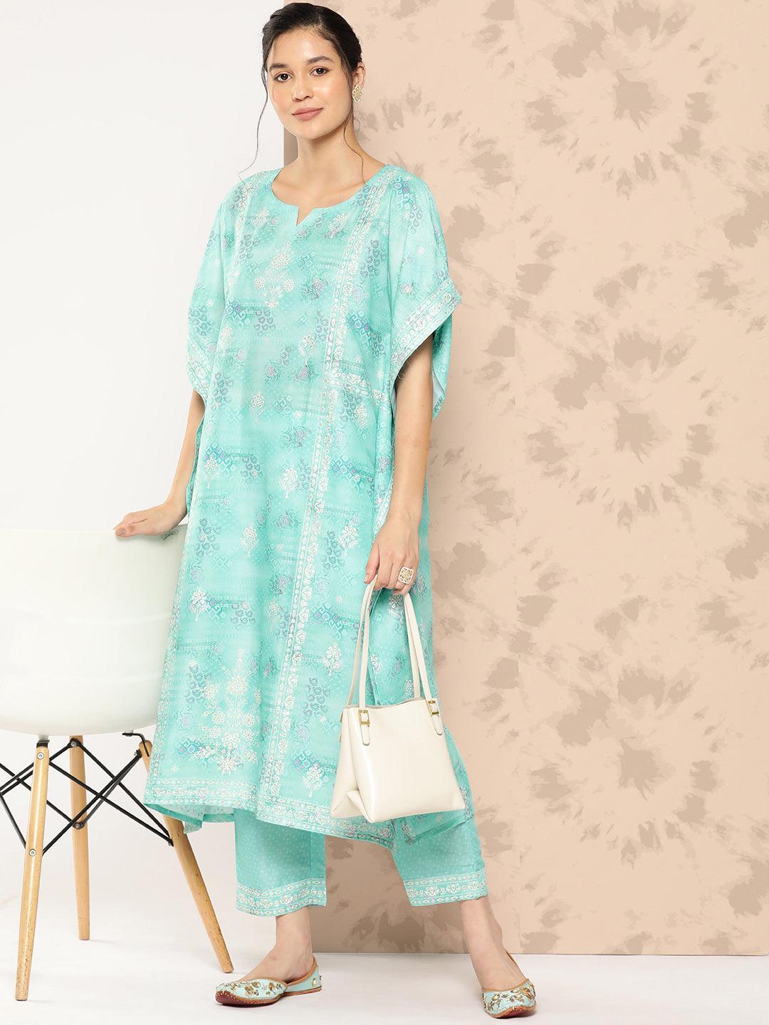 Sea Green Printed Silk Blend Kaftan Kurta With Trousers