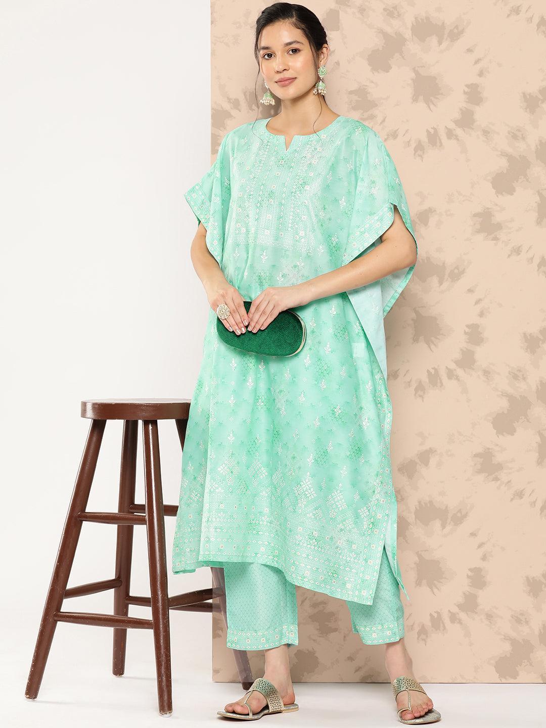 Sea Green Printed Silk Blend Kaftan Kurta With Trousers