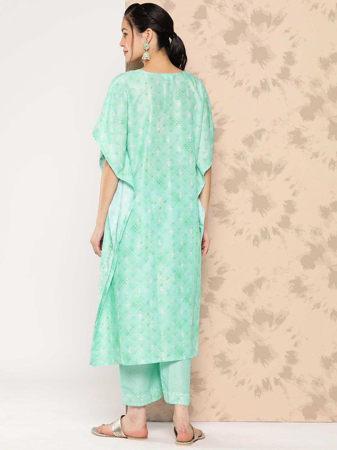 Sea Green Printed Silk Blend Kaftan Kurta With Trousers