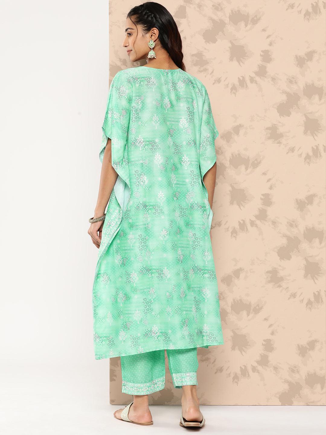 Sea Green Printed Silk Blend Kaftan Kurta With Trousers