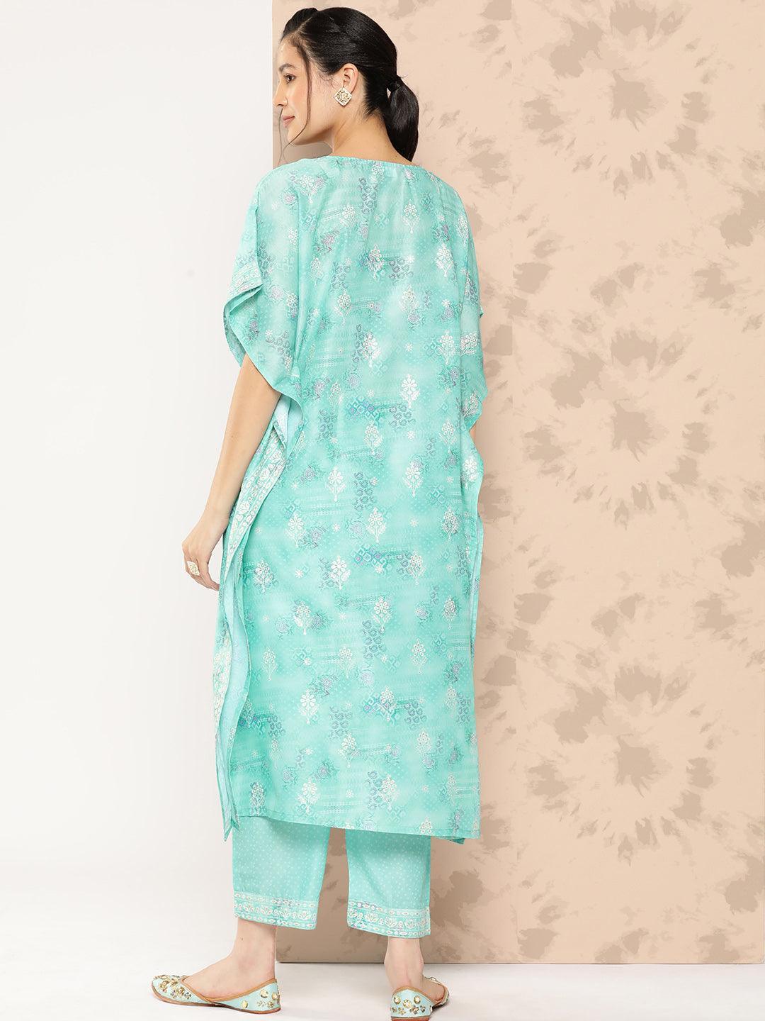 Sea Green Printed Silk Blend Kaftan Kurta With Trousers