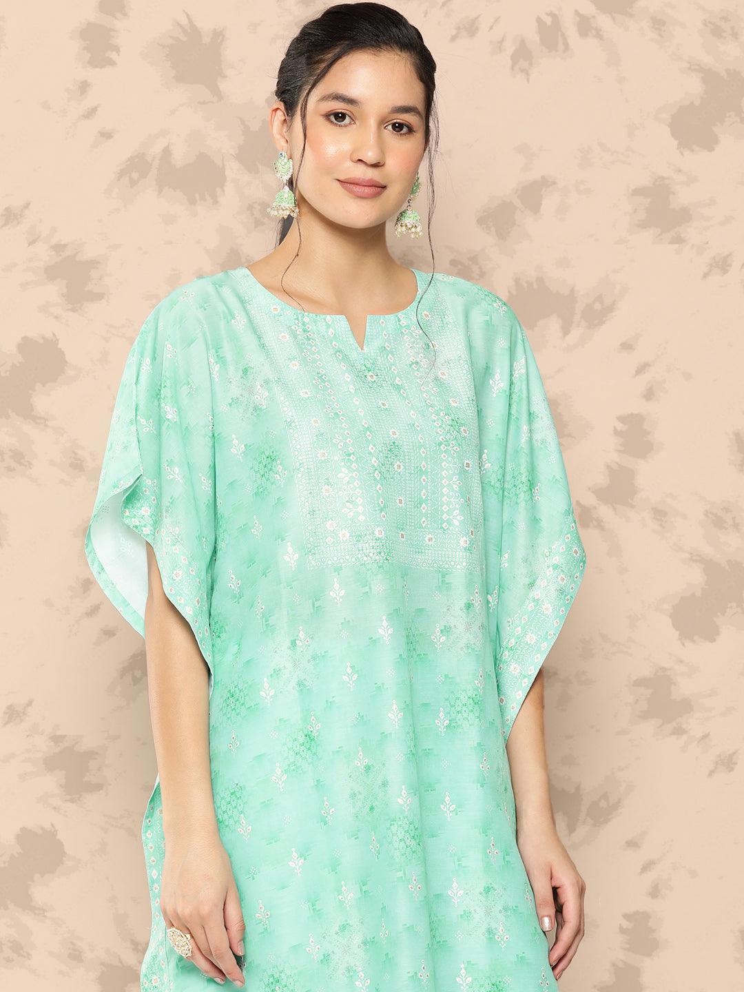 Sea Green Printed Silk Blend Kaftan Kurta With Trousers