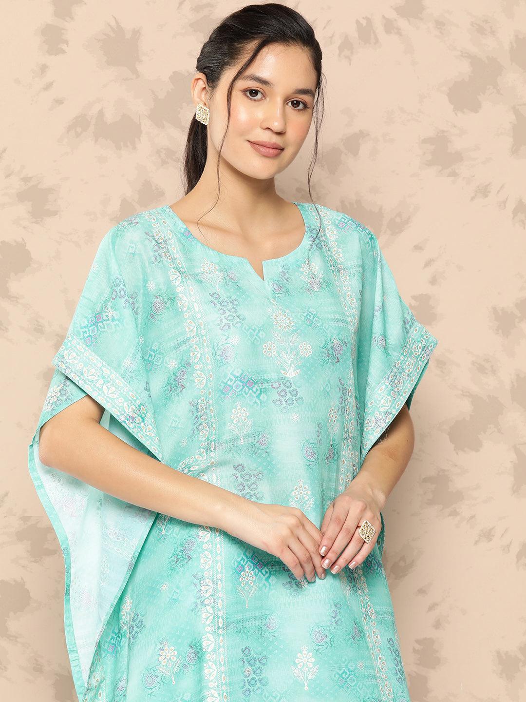 Sea Green Printed Silk Blend Kaftan Kurta With Trousers