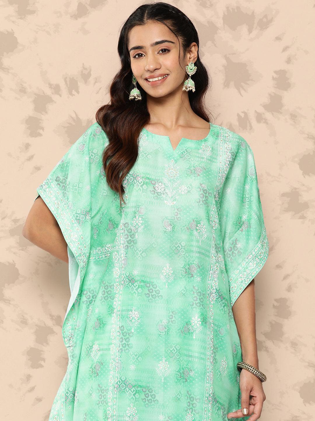 Sea Green Printed Silk Blend Kaftan Kurta With Trousers