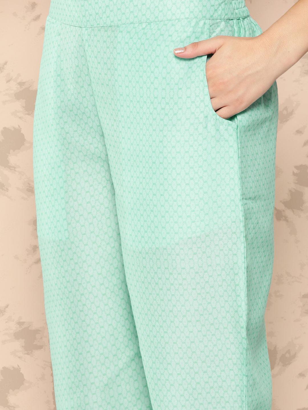 Sea Green Printed Silk Blend Kaftan Kurta With Trousers