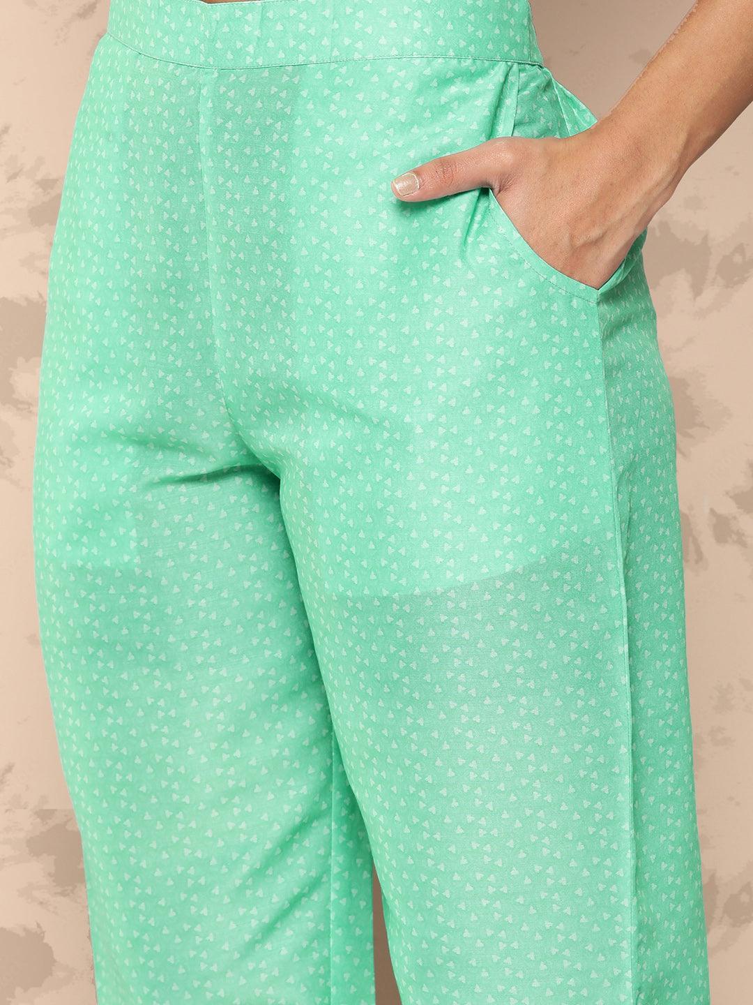 Sea Green Printed Silk Blend Kaftan Kurta With Trousers