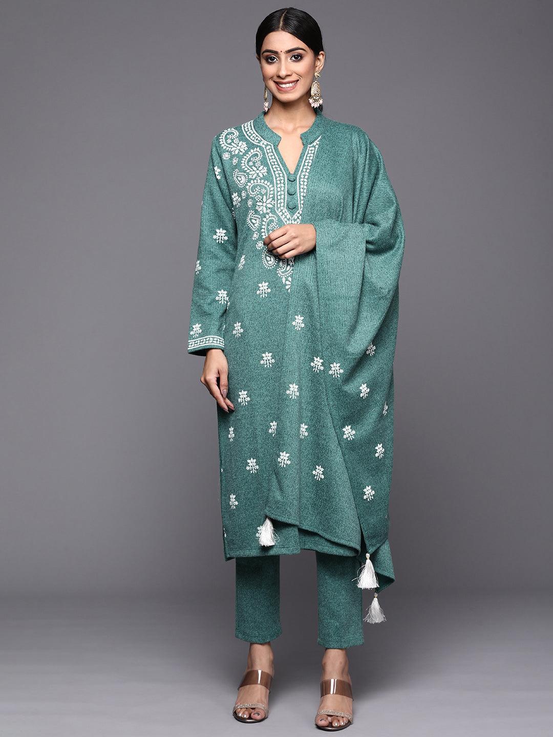 Sea Green Printed Wool Straight Suit Set