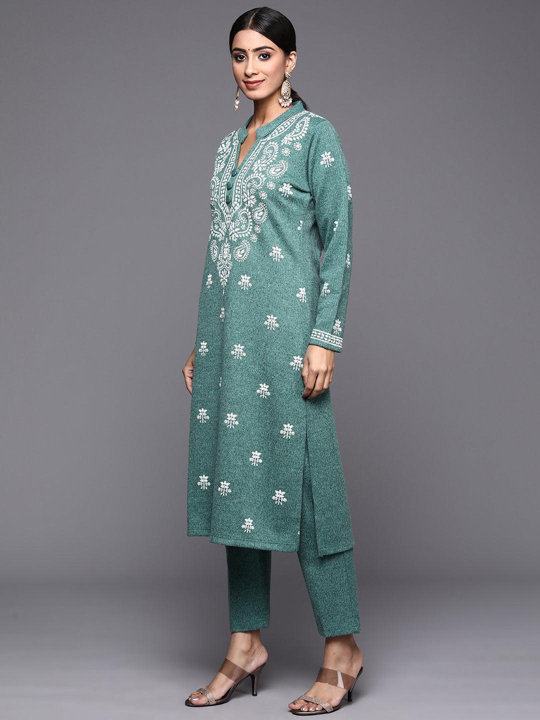 Sea Green Printed Wool Straight Suit Set