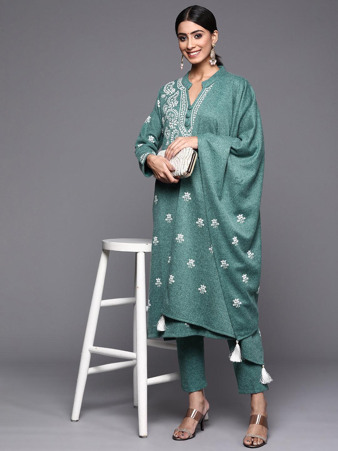 Sea Green Printed Wool Straight Suit Set