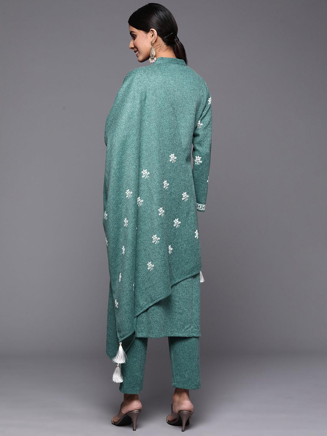 Sea Green Printed Wool Straight Suit Set