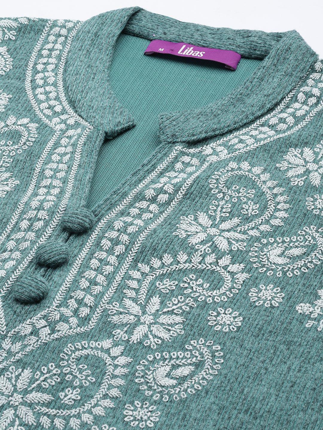 Sea Green Printed Wool Straight Suit Set