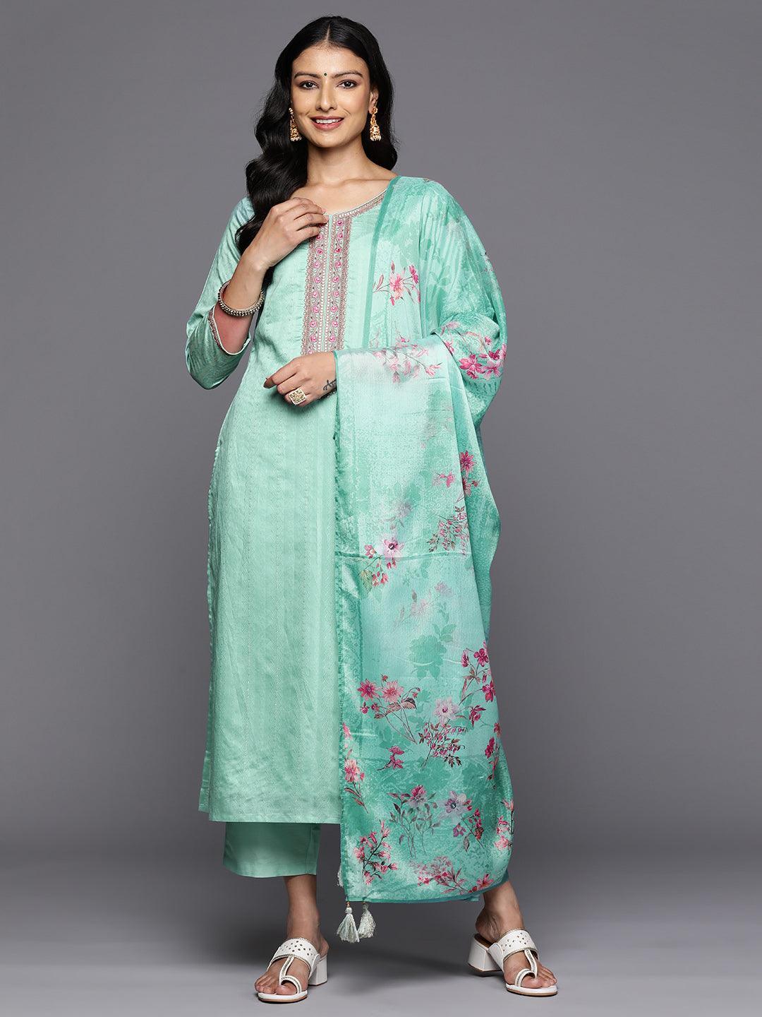 Sea Green Self Design Rayon Straight Kurta With Trousers & Dupatta