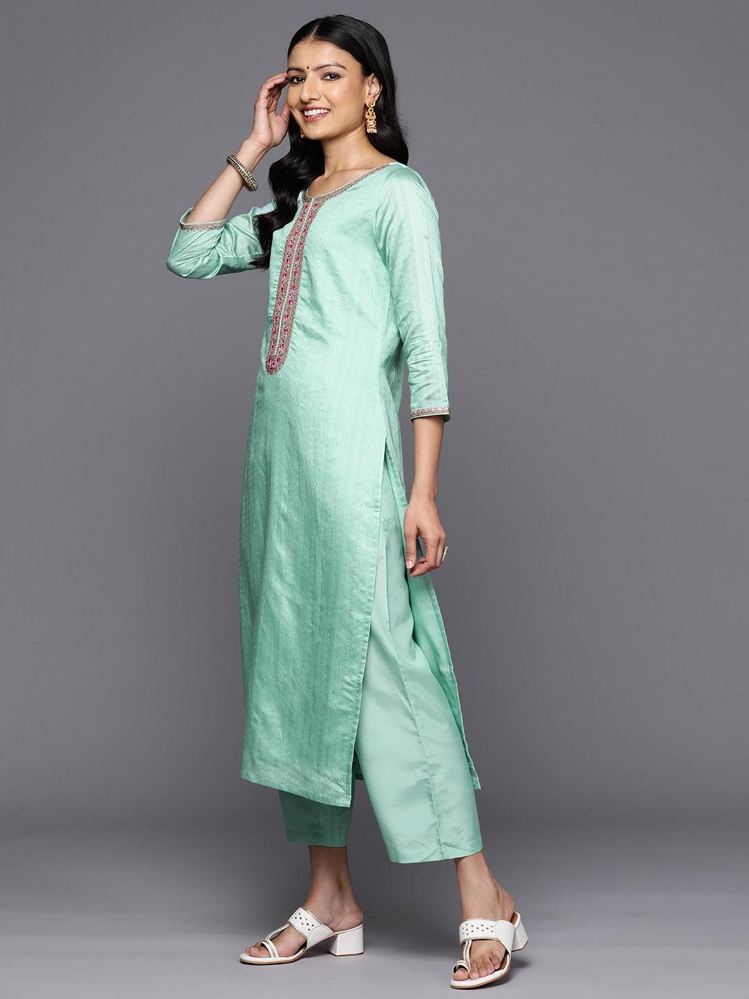 Sea Green Self Design Rayon Straight Kurta With Trousers & Dupatta