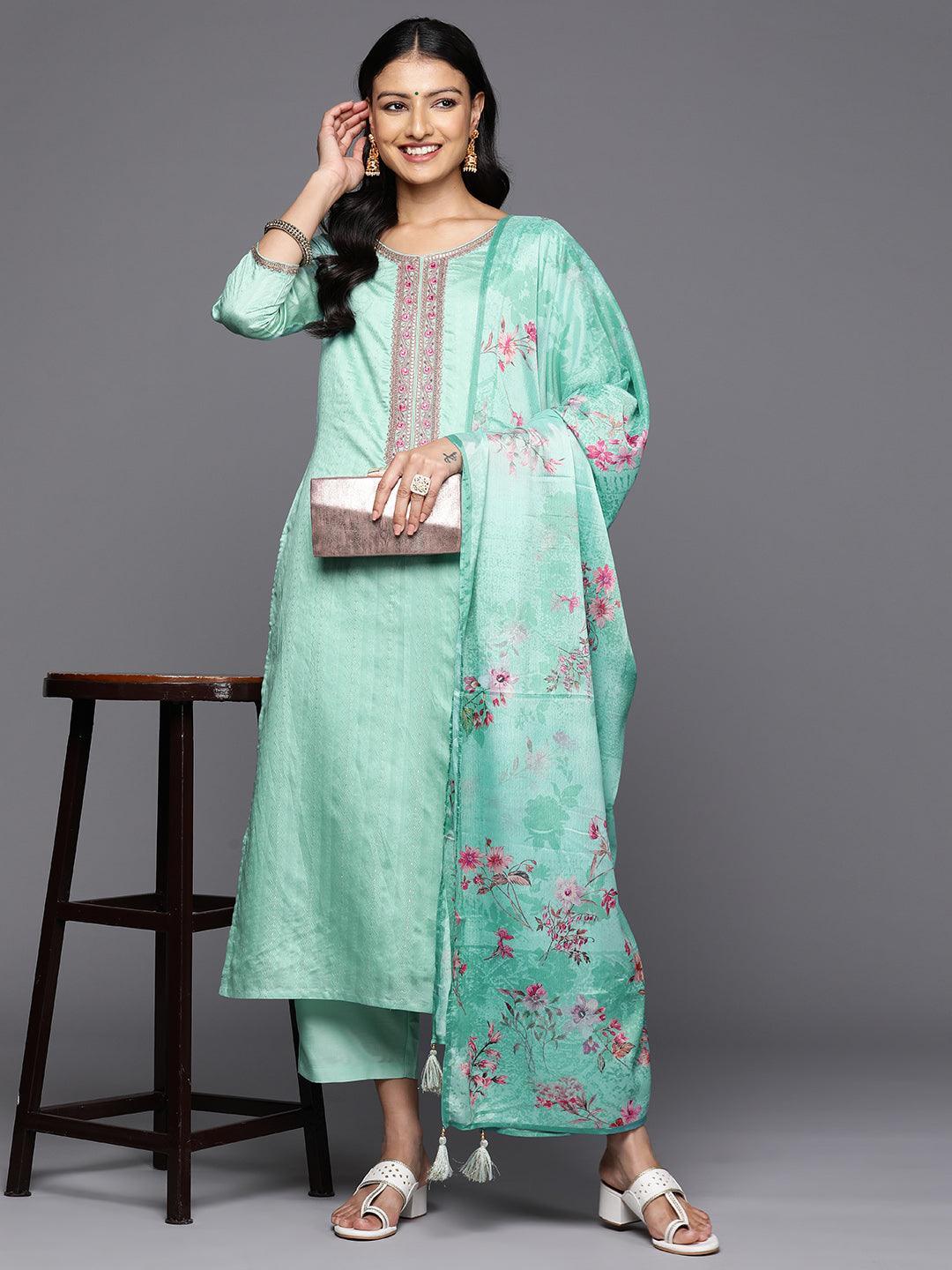 Sea Green Self Design Rayon Straight Kurta With Trousers & Dupatta