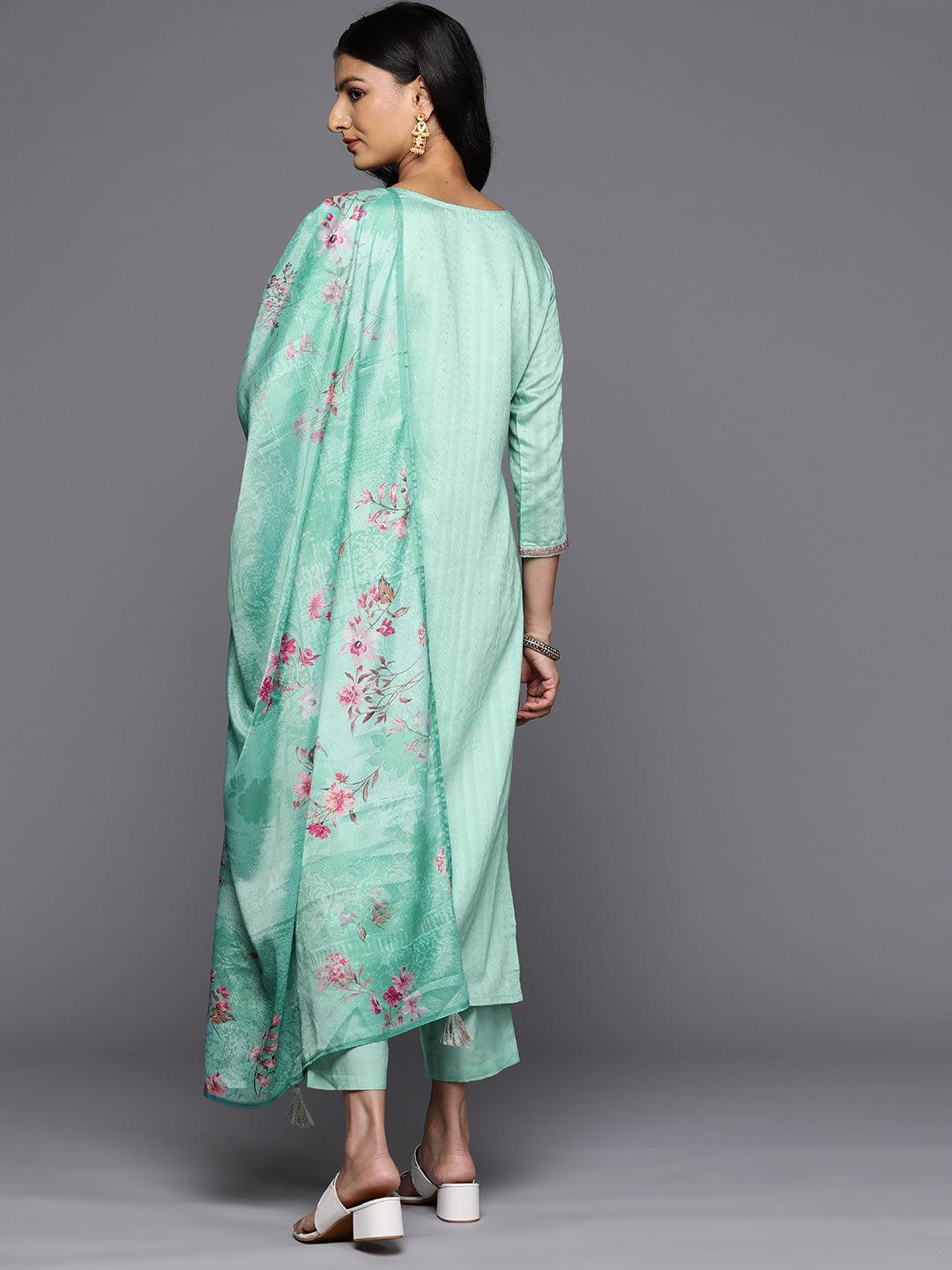 Sea Green Self Design Rayon Straight Kurta With Trousers & Dupatta