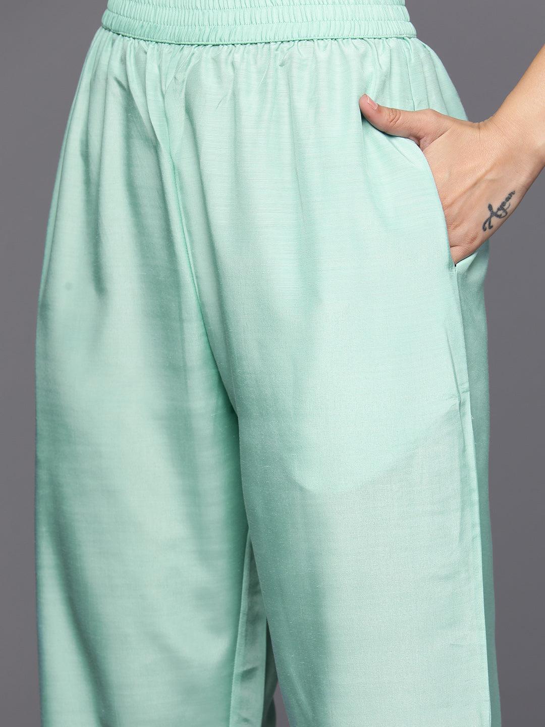 Sea Green Self Design Rayon Straight Kurta With Trousers & Dupatta