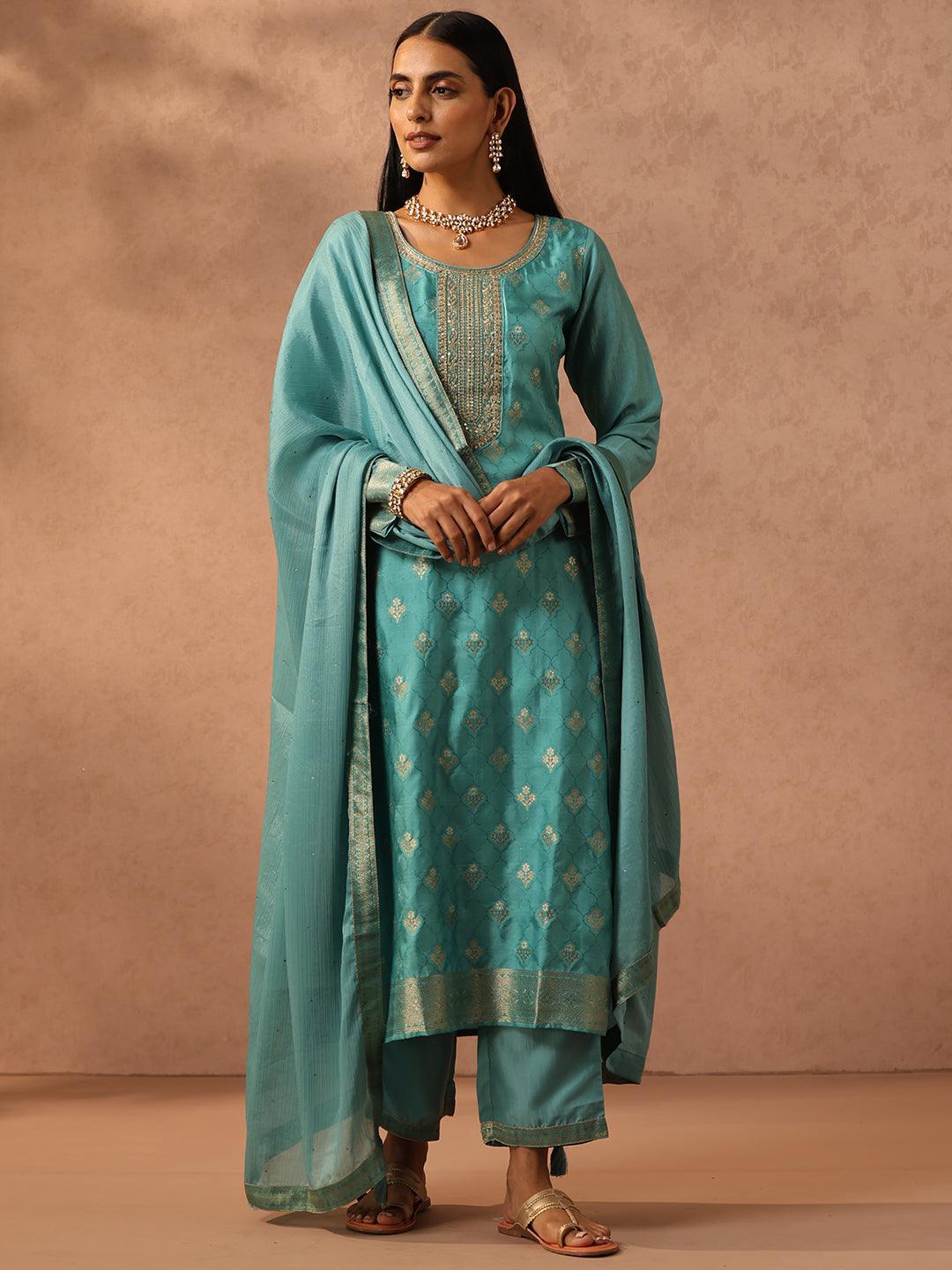 Sea Green Self Design Silk Blend Straight Suit Set With Trousers