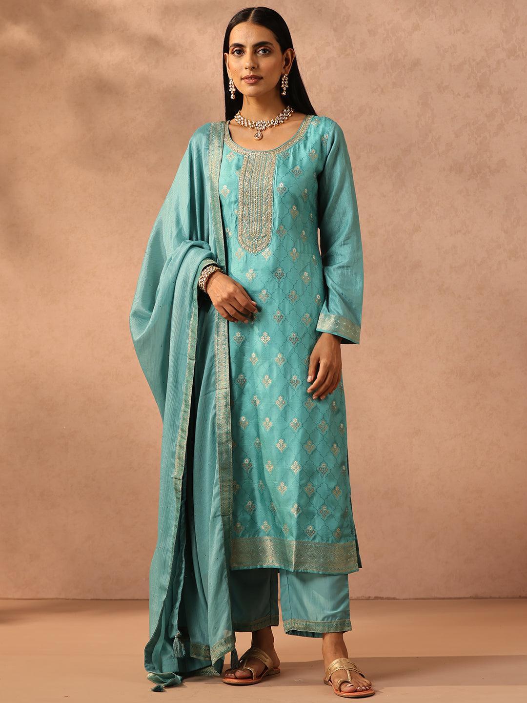 Sea Green Self Design Silk Blend Straight Suit Set With Trousers