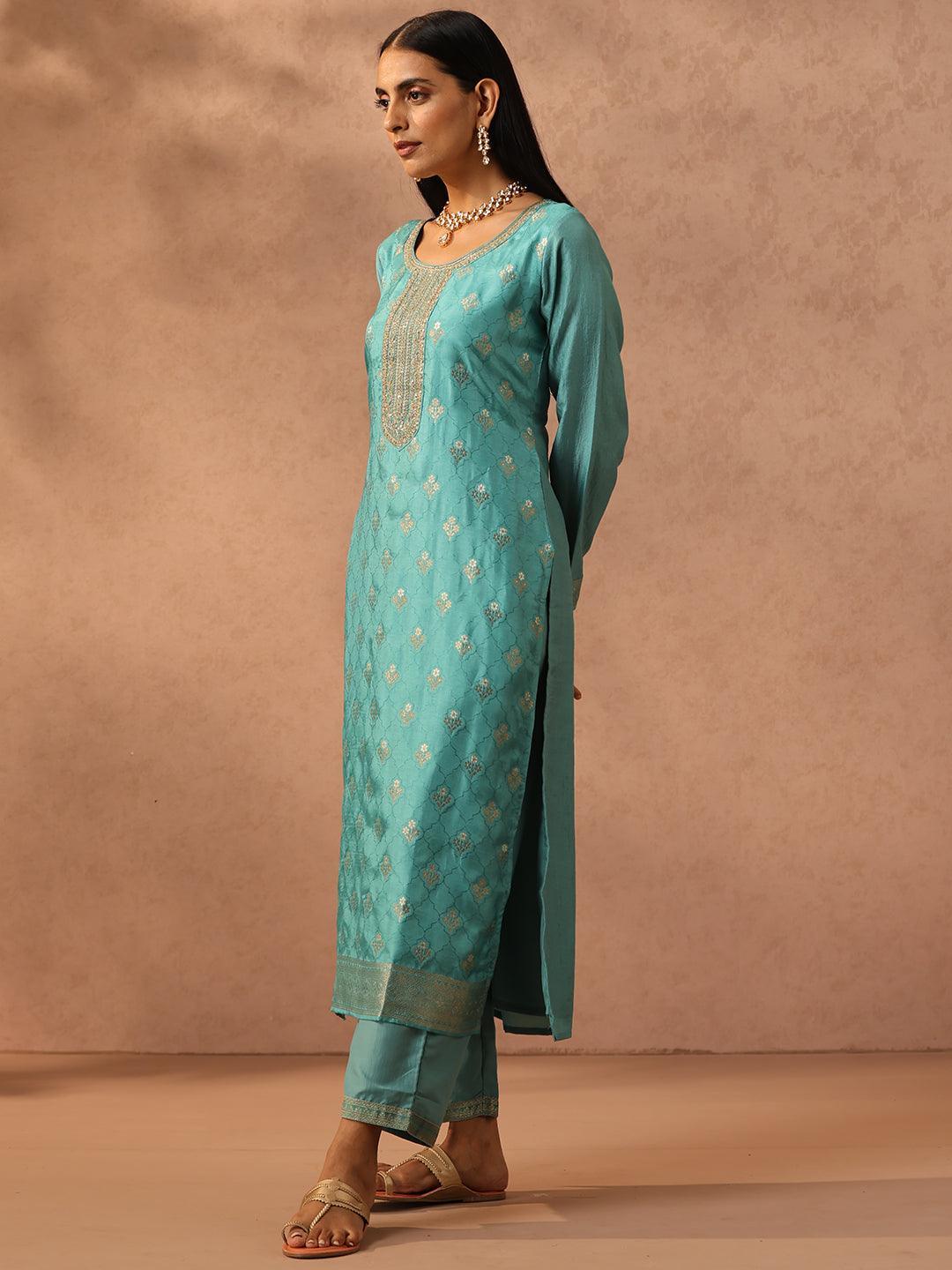 Sea Green Self Design Silk Blend Straight Suit Set With Trousers