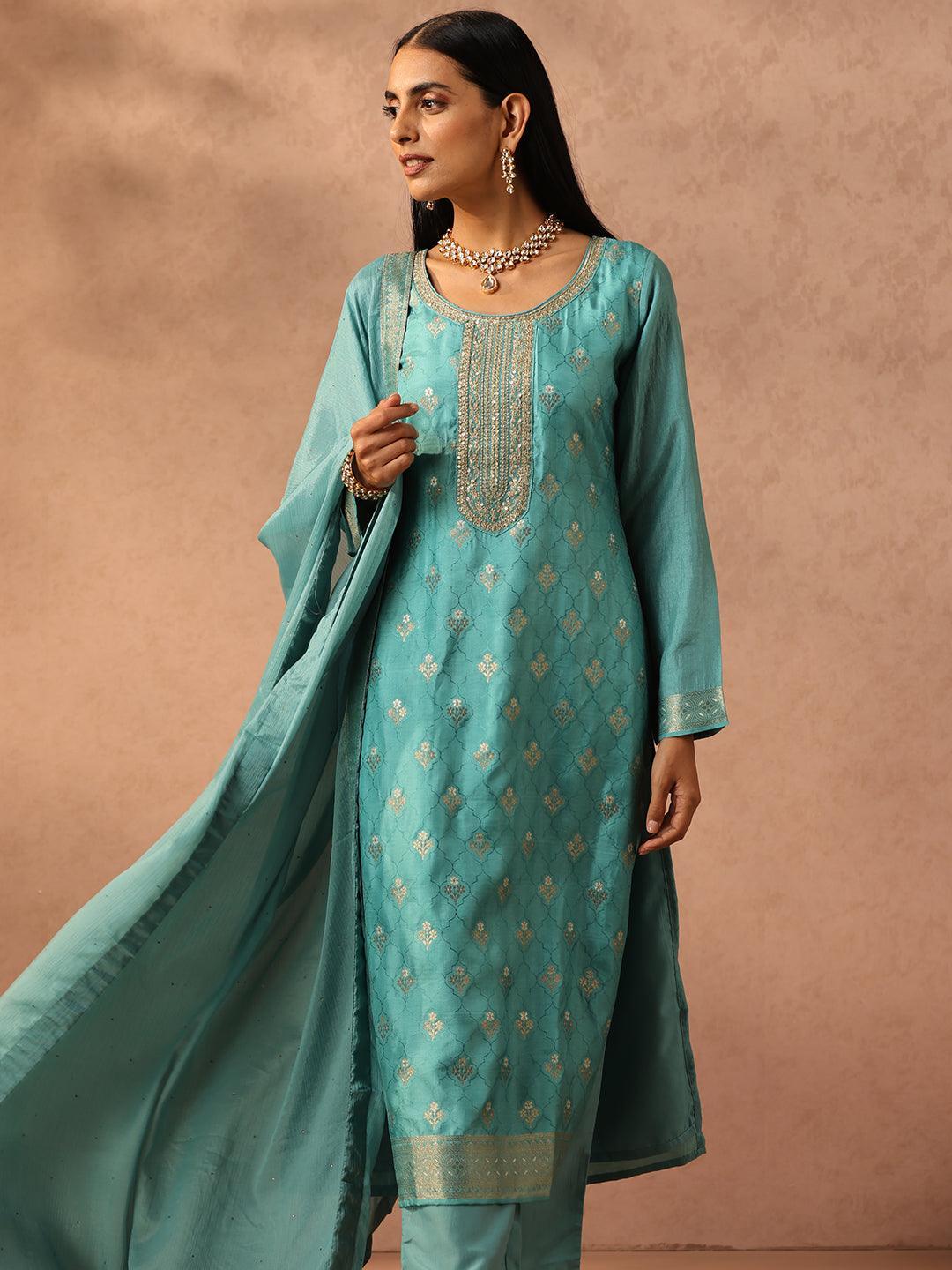 Sea Green Self Design Silk Blend Straight Suit Set With Trousers