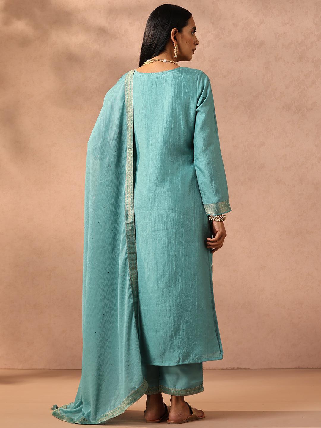 Sea Green Self Design Silk Blend Straight Suit Set With Trousers