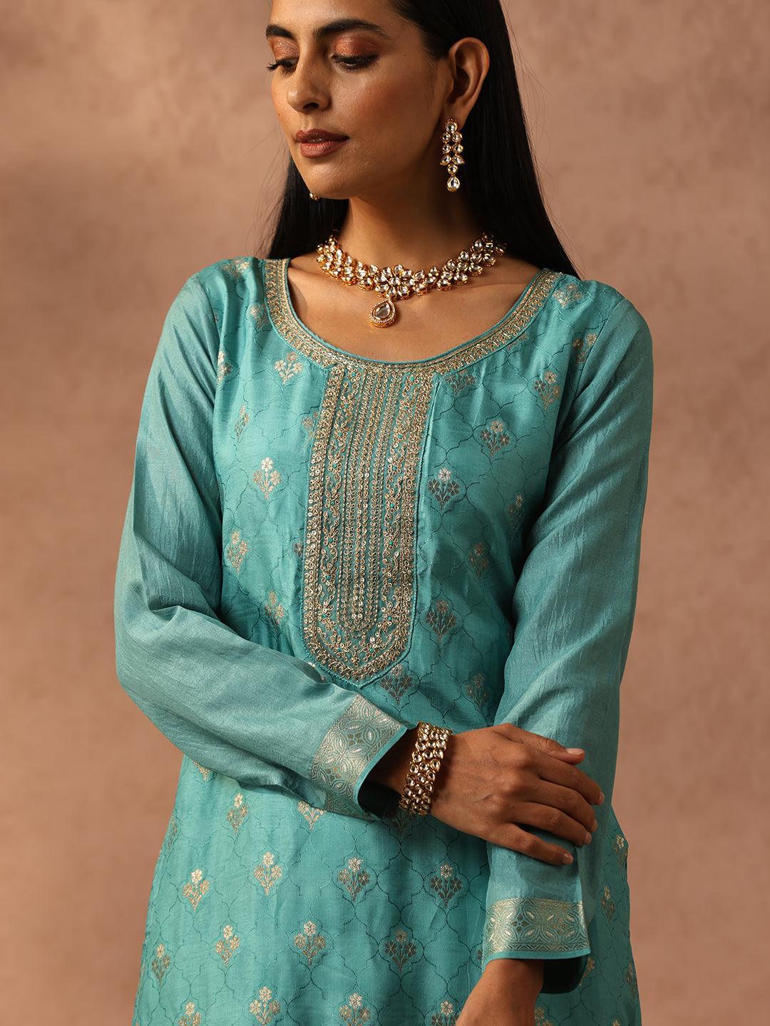 Sea Green Self Design Silk Blend Straight Suit Set With Trousers