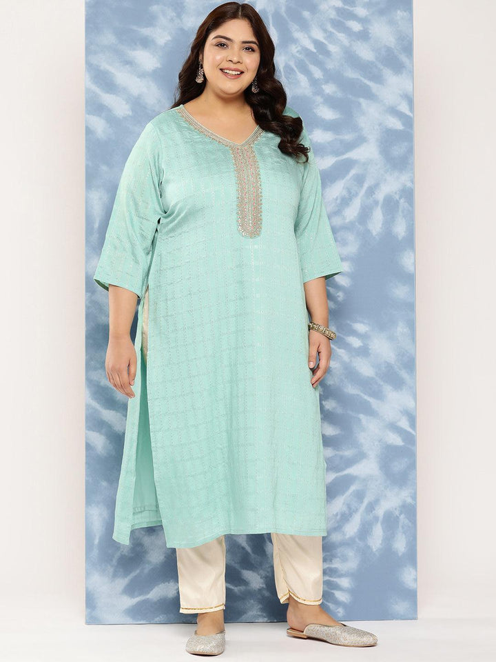 Sea Green Woven Design Rayon Straight Kurta - Libas