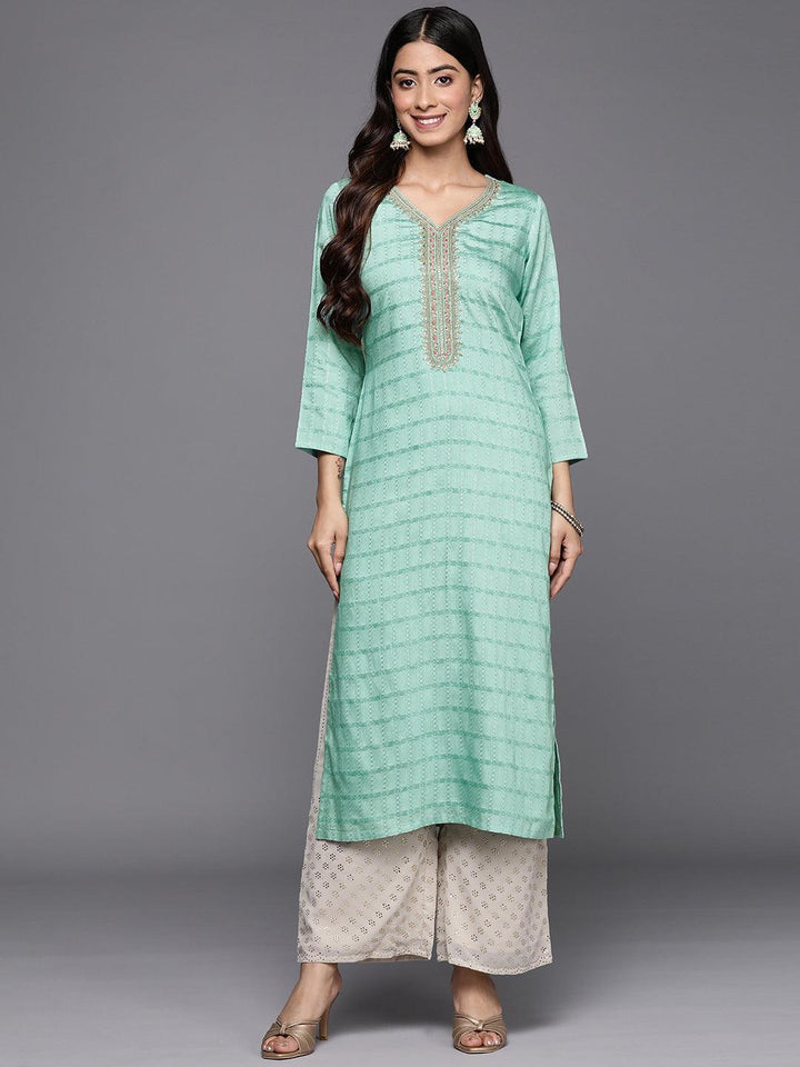 Sea Green Woven Design Rayon Straight Kurta - ShopLibas