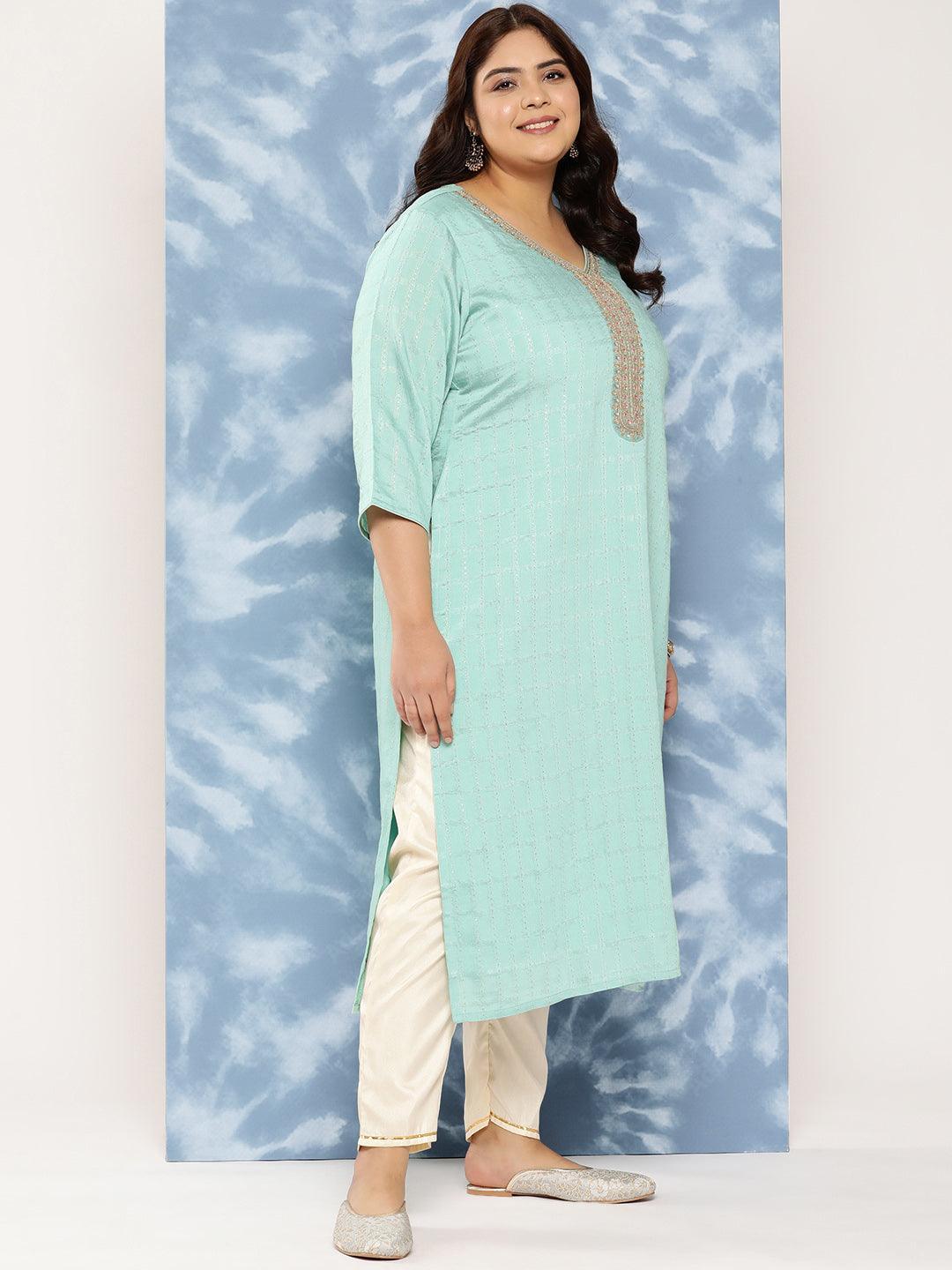 Sea Green Woven Design Rayon Straight Kurta - Libas