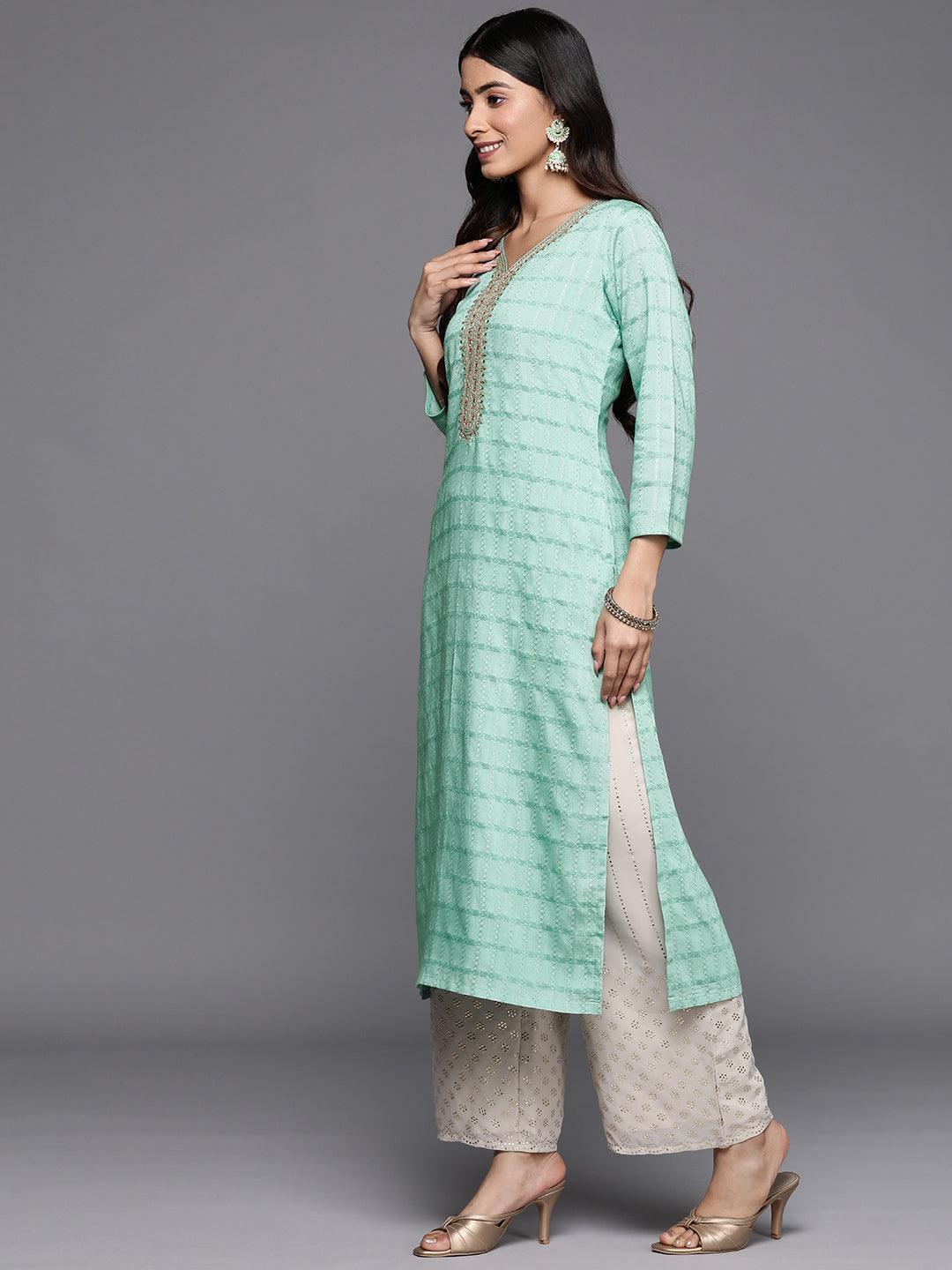 Sea Green Woven Design Rayon Straight Kurta - ShopLibas