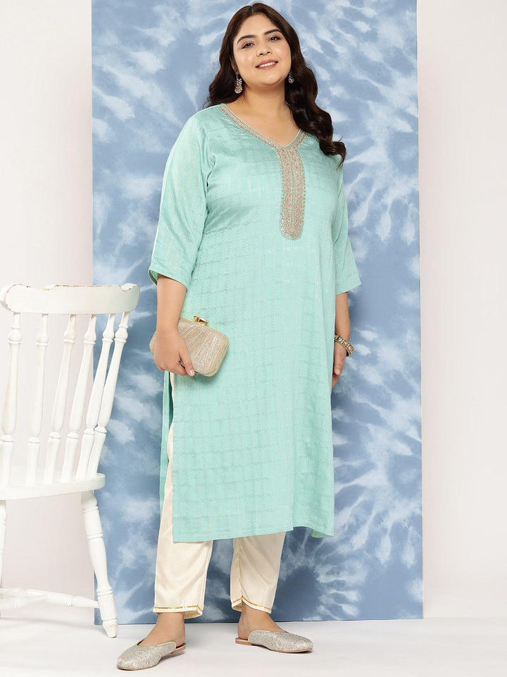 Sea Green Woven Design Rayon Straight Kurta - Libas