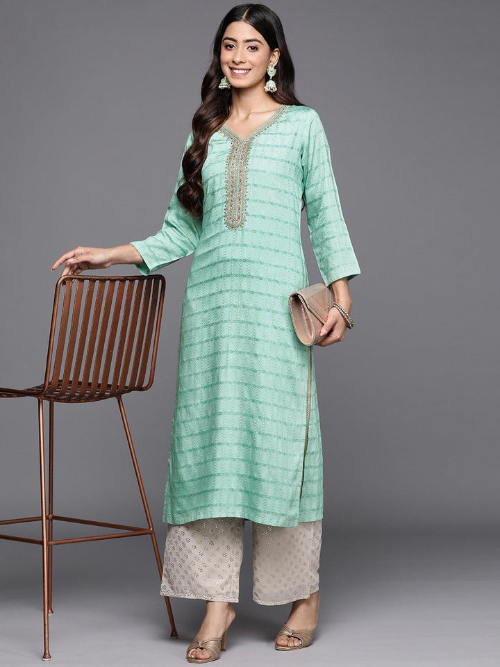 Sea Green Woven Design Rayon Straight Kurta - ShopLibas