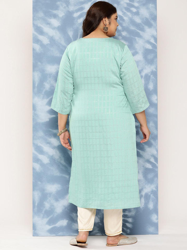 Sea Green Woven Design Rayon Straight Kurta - Libas